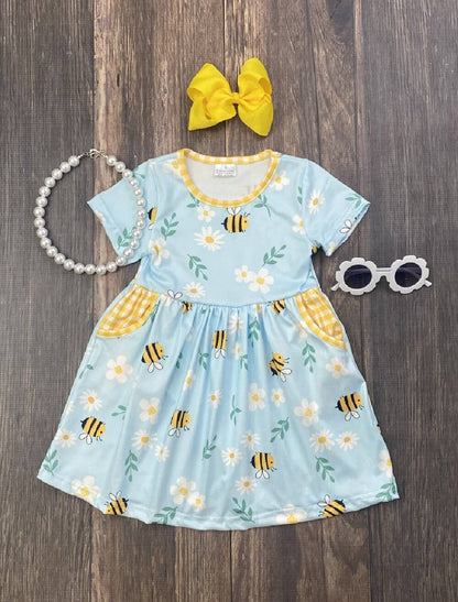 Adorable Bee Print Toddler Dress with Pockets | Comfortable Cotton Blend | Size 2T