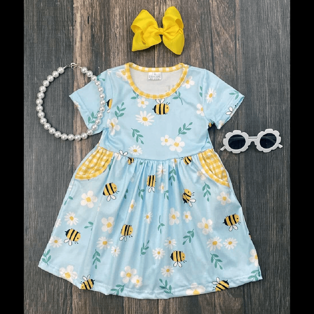 Adorable Bee Print Toddler Dress with Pockets | Comfortable Cotton Blend | Size 2T