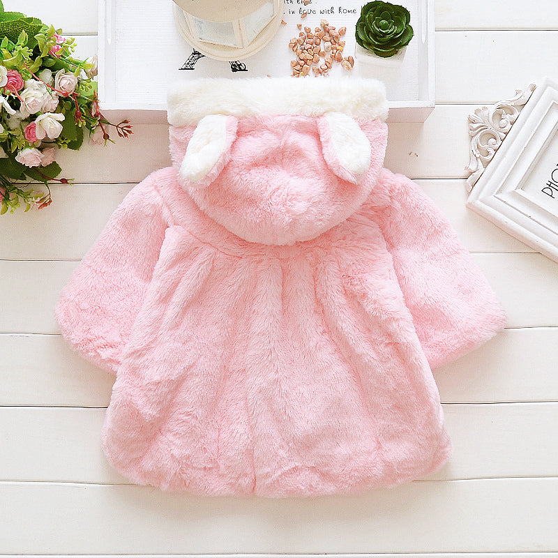 Girl's Pink/White Plush Rabbit Ears Hooded Jacket/ Cloak