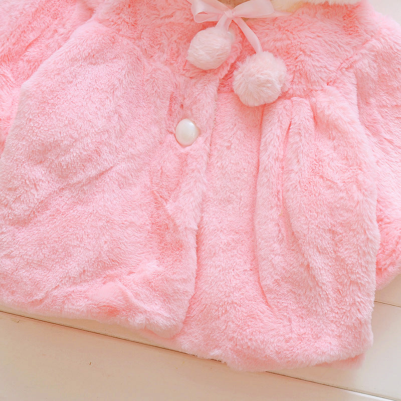 Girl's Pink/White Plush Rabbit Ears Hooded Jacket/ Cloak